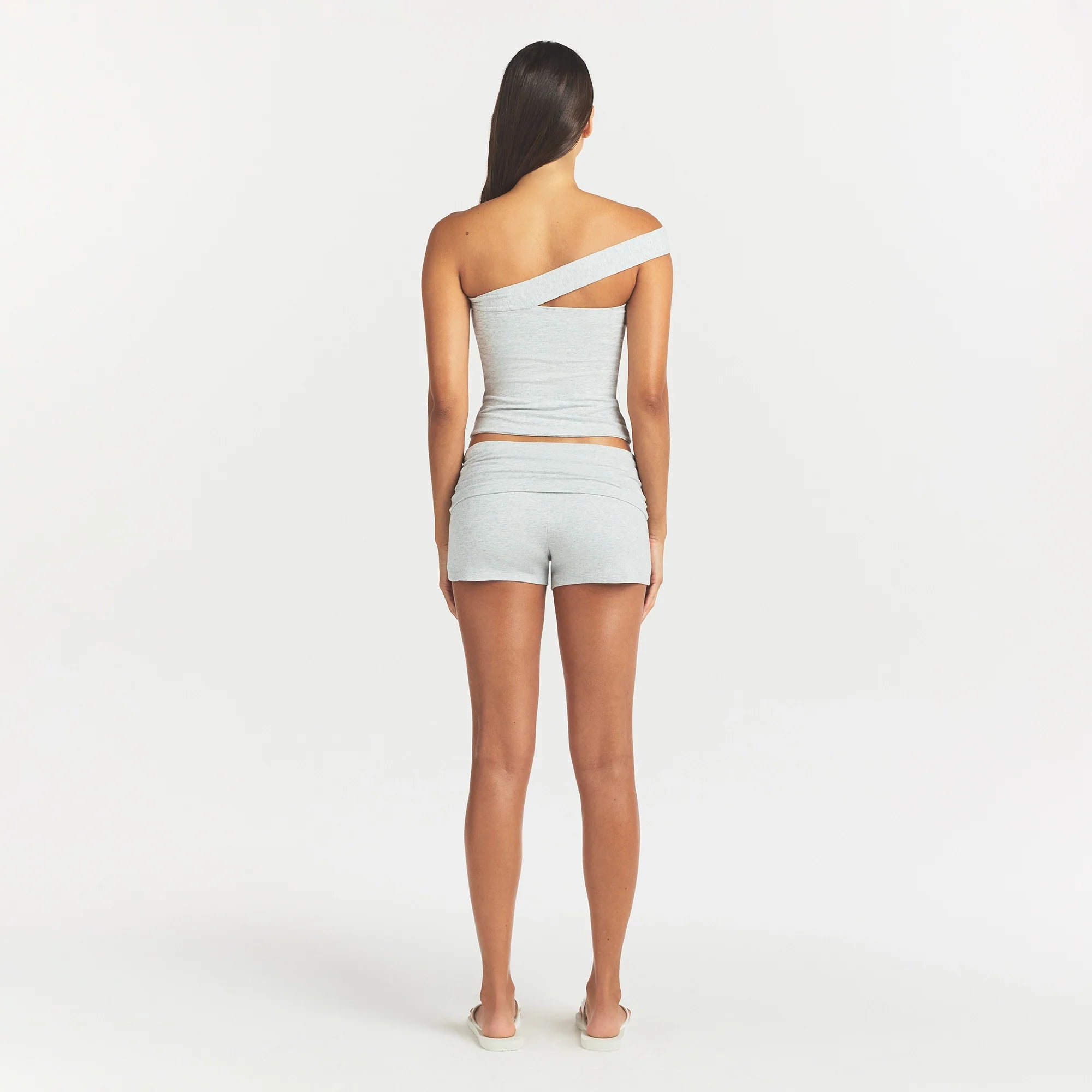 COTTON JERSEY FOLDOVER SHORT | LIGHT HEATHER GREY ON A MODEL BACK VIEW @ | FOCUS: 0.0, 1.0, 0.9