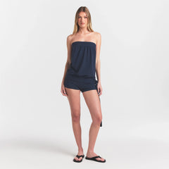 COTTON JERSEY FOLDOVER SHORT | NAVY ON A MODEL FRONT VIEW @ | FOCUS: 0.0, 1.0, 0.9