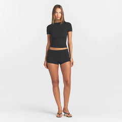 COTTON JERSEY FOLDOVER SHORT | SOOT ON A MODEL FRONT VIEW @ | FOCUS: 0.0, 1.0, 0.9