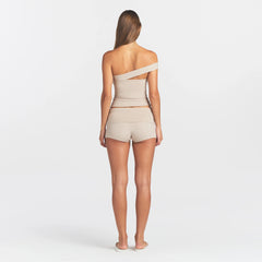COTTON JERSEY FOLDOVER SHORT | STONE ON A MODEL BACK VIEW @ | FOCUS: 0.0, 1.0, 0.9