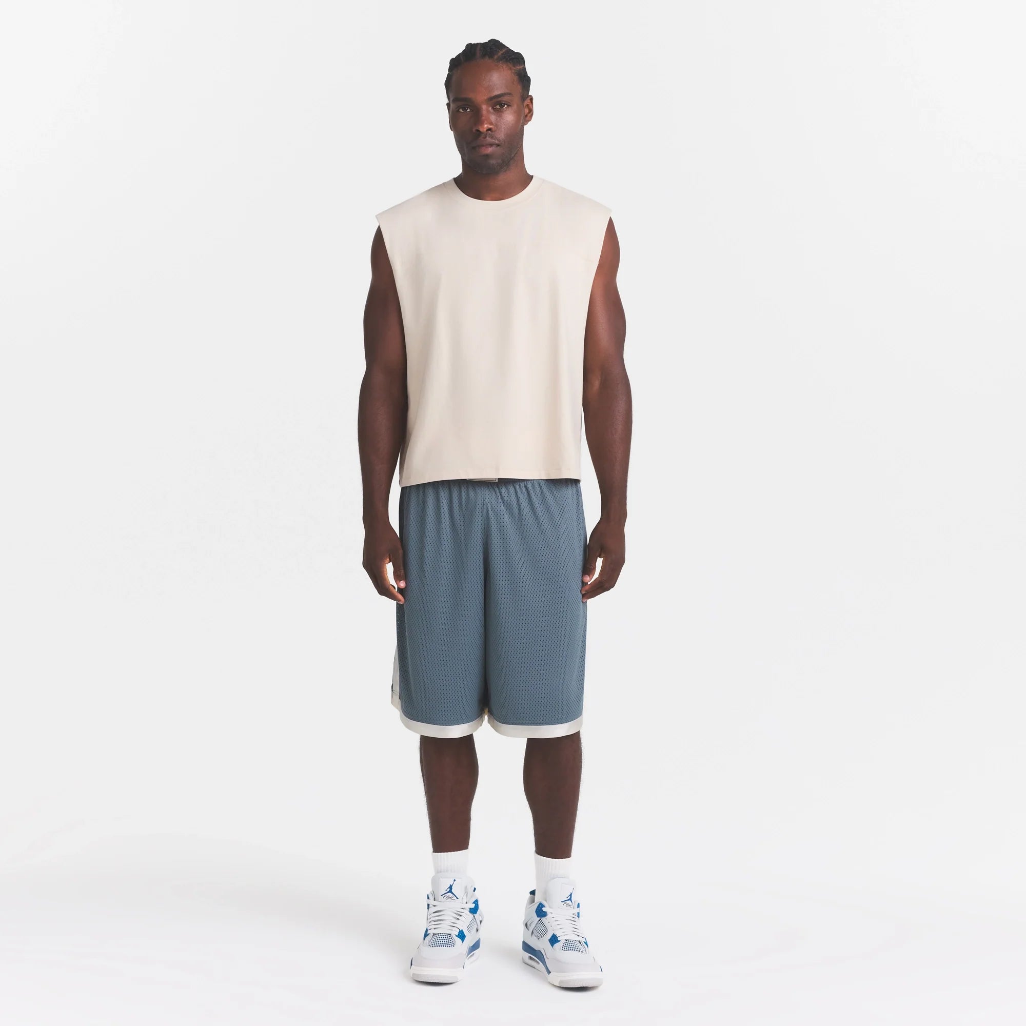 MESH APPAREL MENS LONG SHORT | ZIRCON ON A MODEL FRONT VIEW @ | FOCUS: 0.0, 1.0, 0.9