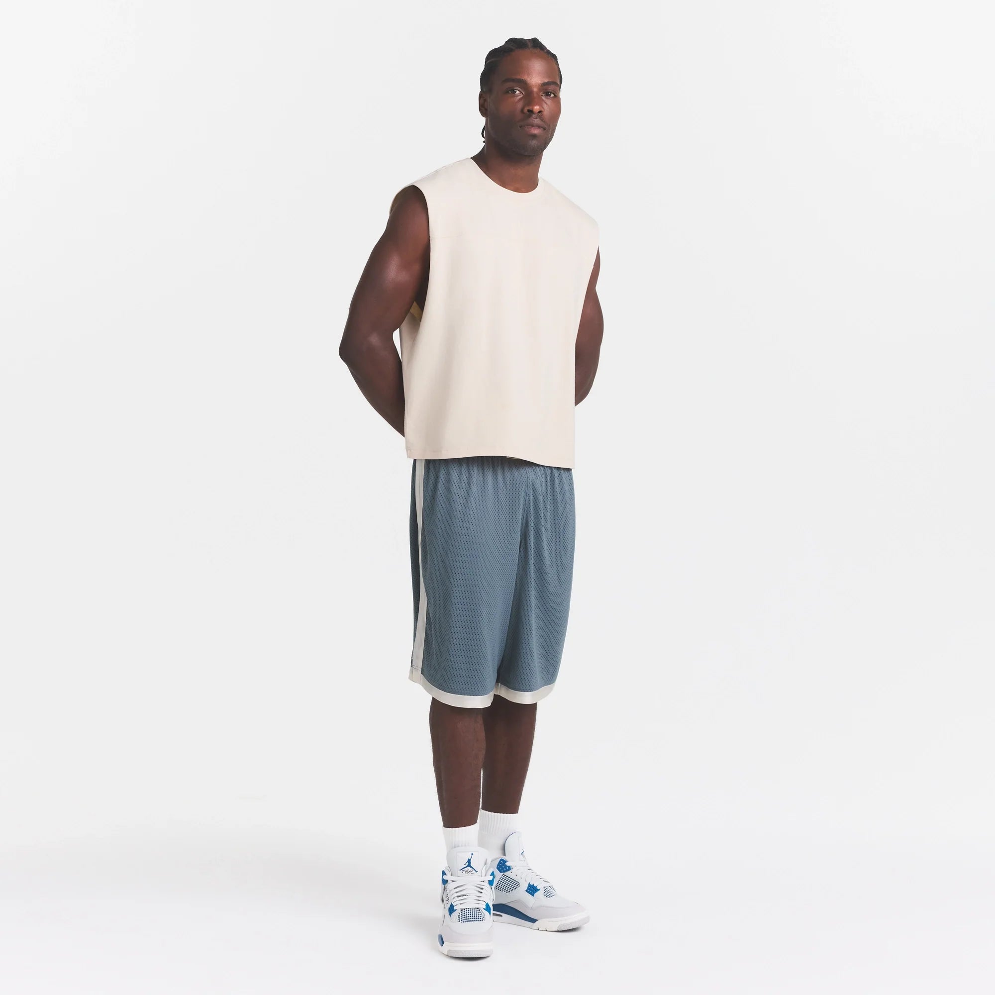 MESH APPAREL MENS LONG SHORT | ZIRCON ON A MODEL FRONT VIEW @ | FOCUS: 0.0, 1.0, 0.9