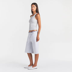 COTTON FLEECE LONG SHORT | LIGHT HEATHER GREY ON A MODEL FRONT VIEW @ | FOCUS: 0.0, 1.0, 0.9