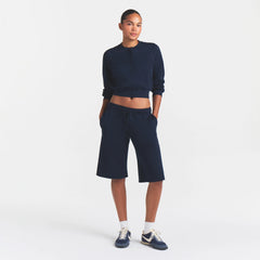 COTTON FLEECE LONG SHORT | NAVY ON A MODEL FRONT VIEW @ | FOCUS: 0.0, 1.0, 0.9