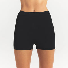 REFINED KNIT HIGH-WAISTED SHORT | OBSIDIAN ON A MODEL FRONT VIEW @ | FOCUS: 0.0, 1.0, 0.9
