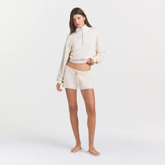 DRAPEY FRENCH TERRY SHORT | BUFF ON A MODEL FRONT VIEW @ | FOCUS: 0.0, 1.0, 0.9