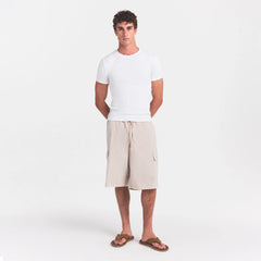 WOVEN MENS RELAXED CARGO SHORT | STONE ON A MODEL FRONT VIEW @ | FOCUS: 0.0, 1.0, 0.9