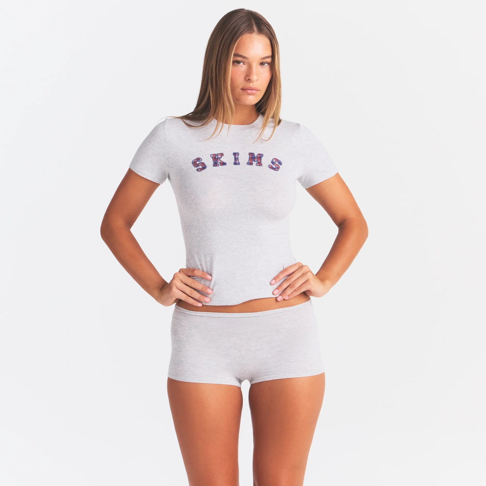 COTTON JERSEY LOGO BOY SHORT | LHG ARCHED SKIMS PLAID ON A MODEL | FOCUS: 0.0, 1.0, 0.9