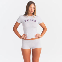 COTTON JERSEY LOGO BOY SHORT | LHG ARCHED SKIMS PLAID ON A MODEL | FOCUS: 0.0, 1.0, 0.9