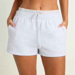 COTTON FLEECE DOUBLE WAISTBAND SHORT | LIGHT HEATHER GREY ON A MODEL SIDE VIEW@| FOCUS: 0.0, 1.0, 0.9