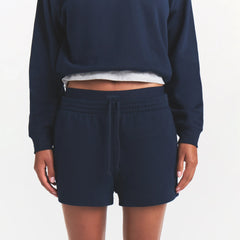COTTON FLEECE DOUBLE WAISTBAND SHORT | NAVY ON A MODEL SIDE VIEW @ | FOCUS: 0.0, 1.0, 0.9