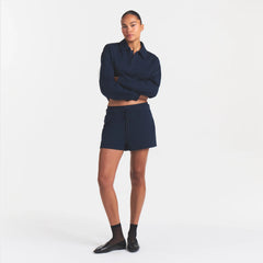 COTTON FLEECE DOUBLE WAISTBAND SHORT | NAVY ON A MODEL FRONT VIEW @ | FOCUS: 0.0, 1.0, 0.9