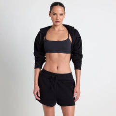 COTTON FLEECE DOUBLE WAISTBAND SHORT | ONYX ON A MODEL SIDE VIEW @| FOCUS: 0.0, 1.0, 0.9