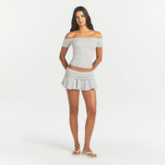 COTTON JERSEY FOLDOVER MINI SKORT | LIGHT HEATHER GREY ON A MODEL FRONT VIEW @ | FOCUS: 0.0, 1.0, 0.9