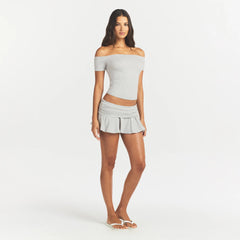 COTTON JERSEY FOLDOVER MINI SKORT | LIGHT HEATHER GREY ON A MODEL SIDE VIEW @ | FOCUS: 0.0, 1.0, 0.9