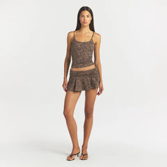 COTTON JERSEY FOLDOVER MINI SKORT | SIENNA NATURAL LEOPARD ON A MODEL FRONT VIEW @ | FOCUS: 0.0, 1.0, 0.9