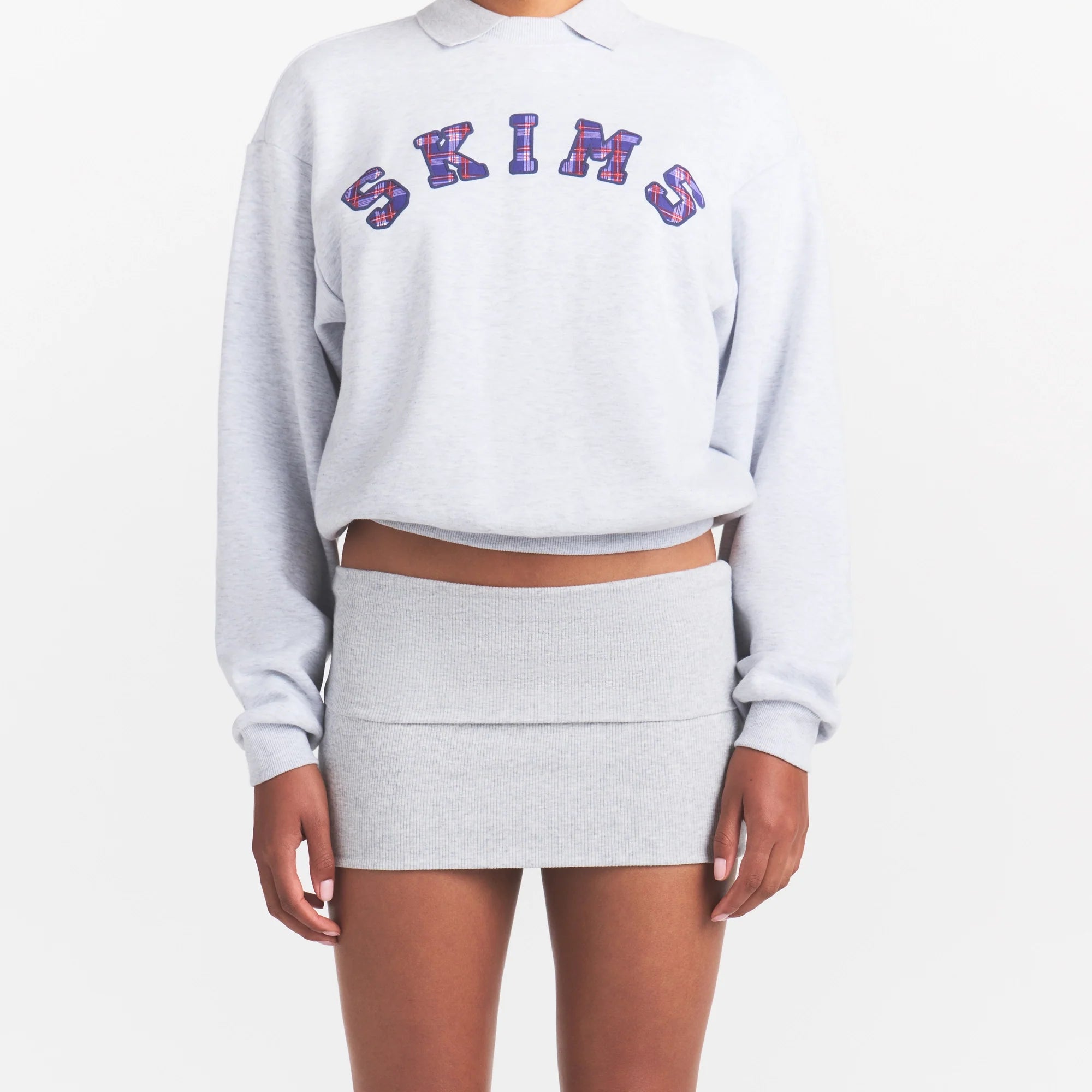 COTTON RIB FOLDOVER MINI SKIRT | LIGHT HEATHER GREY ON A MODEL | FOCUS: 0.0, 1.0, 0.9