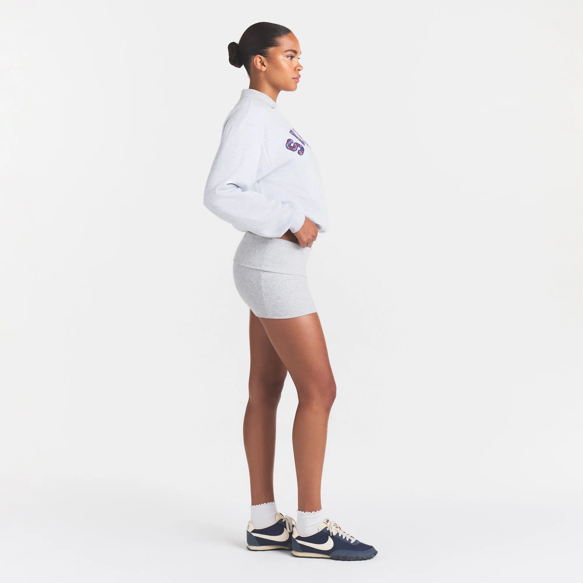 COTTON RIB FOLDOVER MINI SKIRT | LIGHT HEATHER GREY ON A MODEL | FOCUS: 0.0, 1.0, 0.9