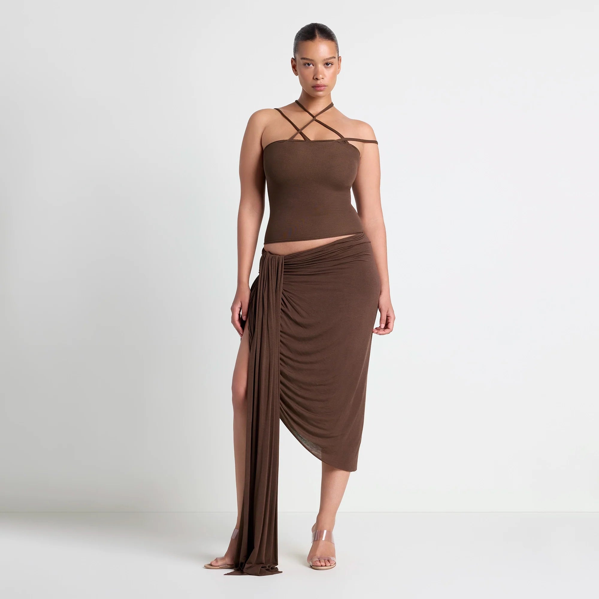VETTESE X SKIMS SHEER MODAL DRAPED MIDI SKIRT  | COCOA ON A MODEL FRONT VIEW| FOCUS: 0.0, 1.0, 0.9