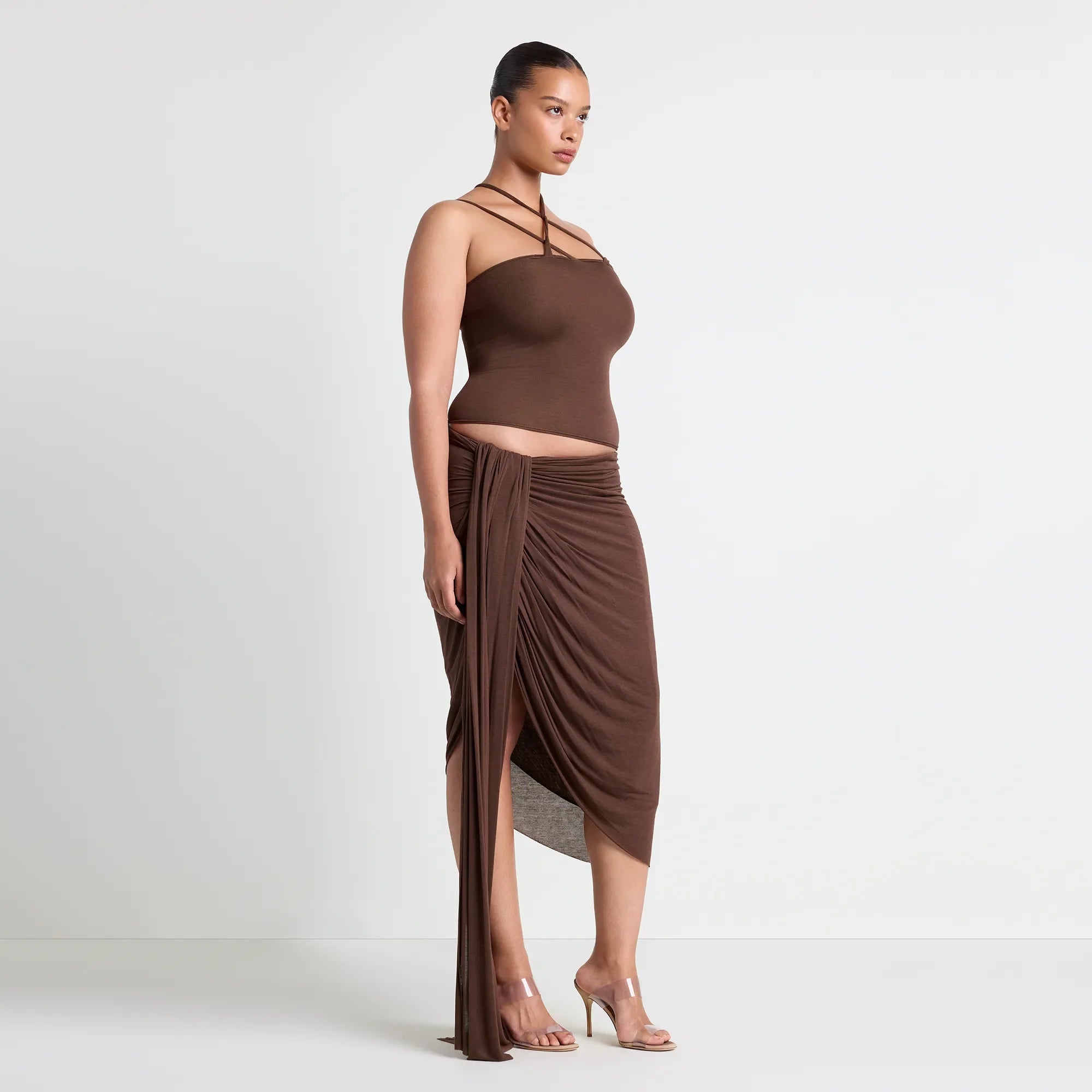 SHEER MODAL DRAPED SKIRT  | COCOA ON A MODEL SIDE VIEW | FOCUS: 0.0, 1.0, 0.9