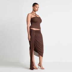 SHEER MODAL DRAPED SKIRT  | COCOA ON A MODEL SIDE VIEW | FOCUS: 0.0, 1.0, 0.9