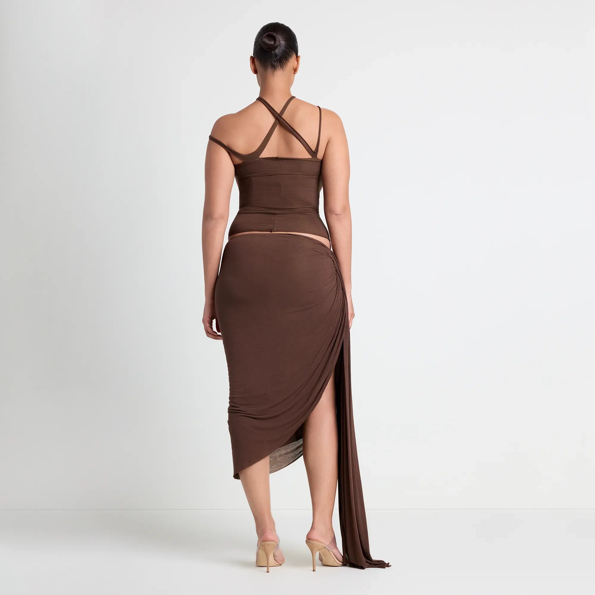 SHEER MODAL DRAPED SKIRT  | COCOA ON A MODEL BACK VIEW | FOCUS: 0.0, 1.0, 0.9