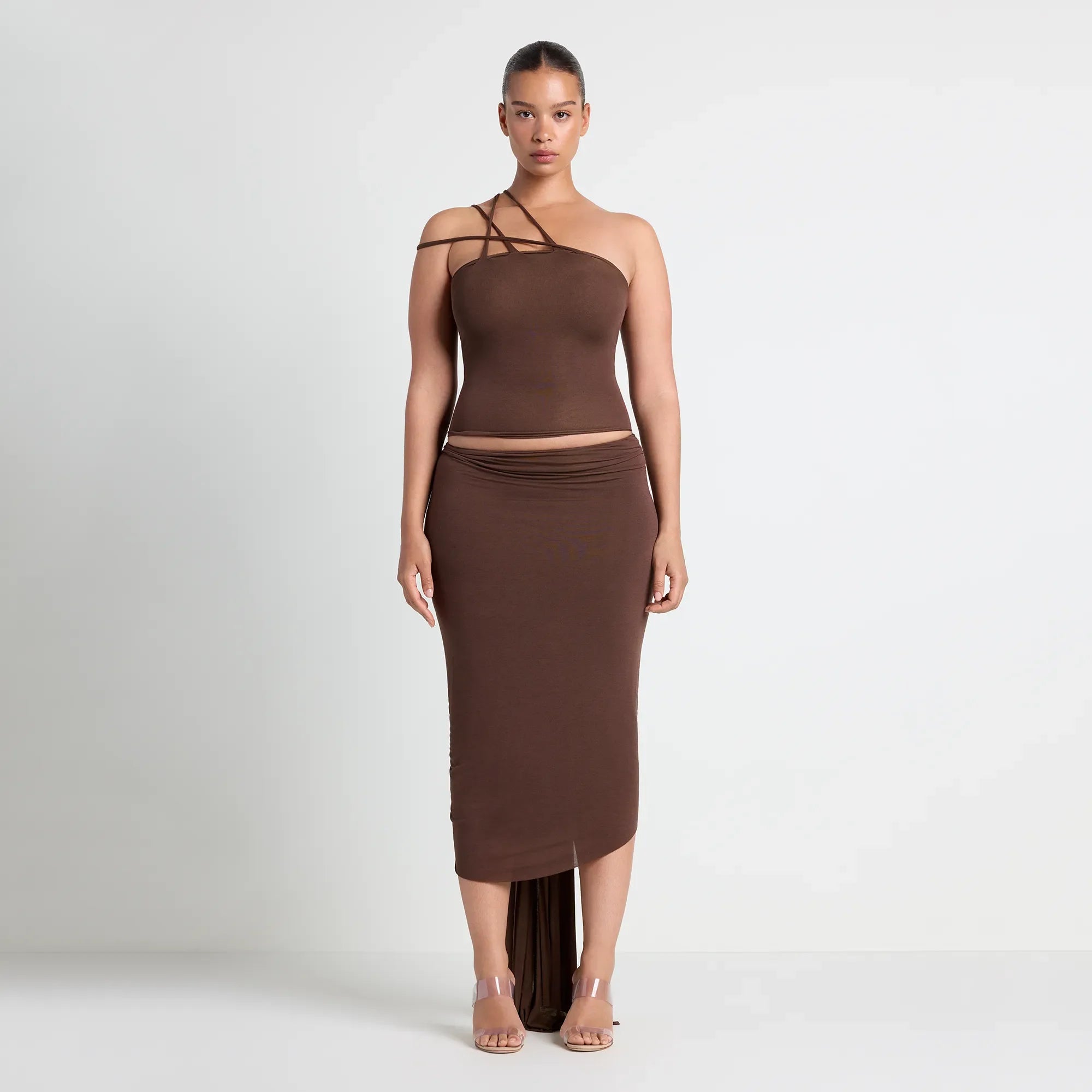 SHEER MODAL DRAPED SKIRT  | COCOA ON A MODEL FRONT VIEW | FOCUS: 0.0, 1.0, 0.9
