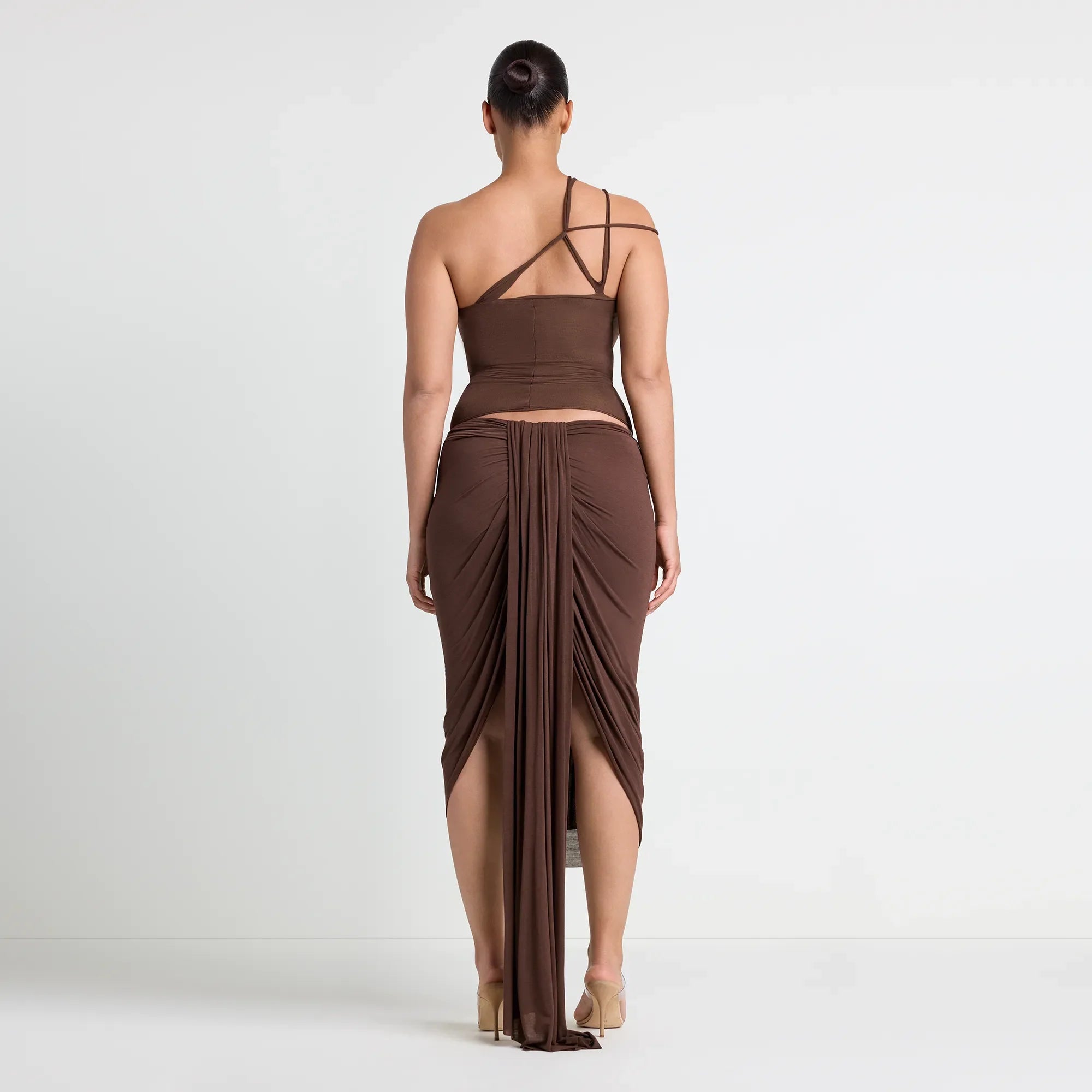 SHEER MODAL DRAPED SKIRT  | COCOA ON A MODEL BACK VIEW | FOCUS: 0.0, 1.0, 0.9