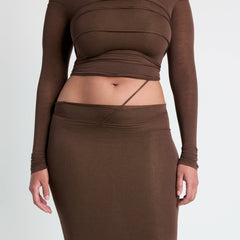 VETTESE X SKIMS SHEER MODAL MIDI SKIRT  | COCOA ON A MODEL FRONT VIEW | FOCUS: 0.0, 1.0, 0.9