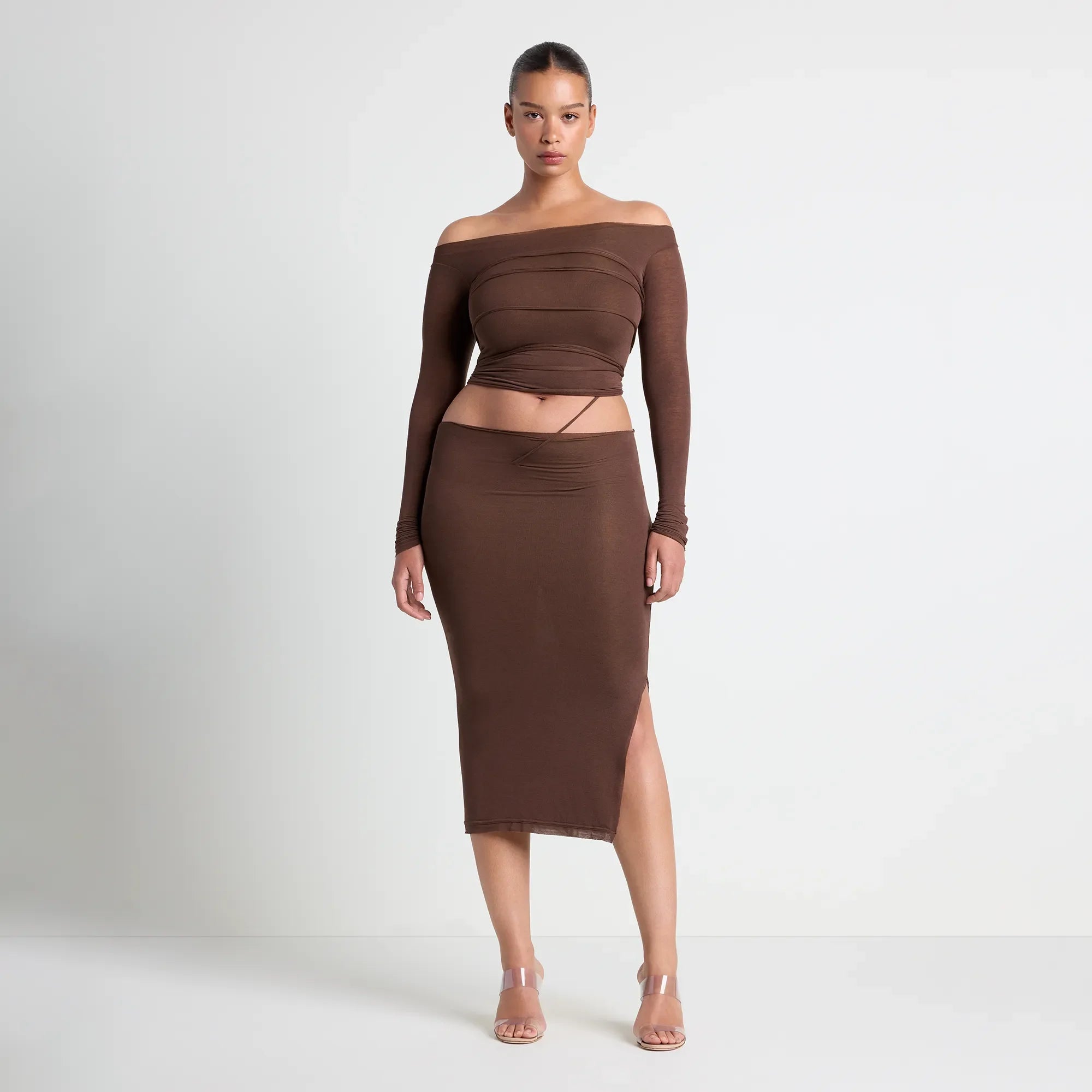 VETTESE X SKIMS SHEER MODAL MIDI SKIRT  | COCOA ON A MODEL FRONT VIEW | FOCUS: 0.0, 1.0, 0.9
