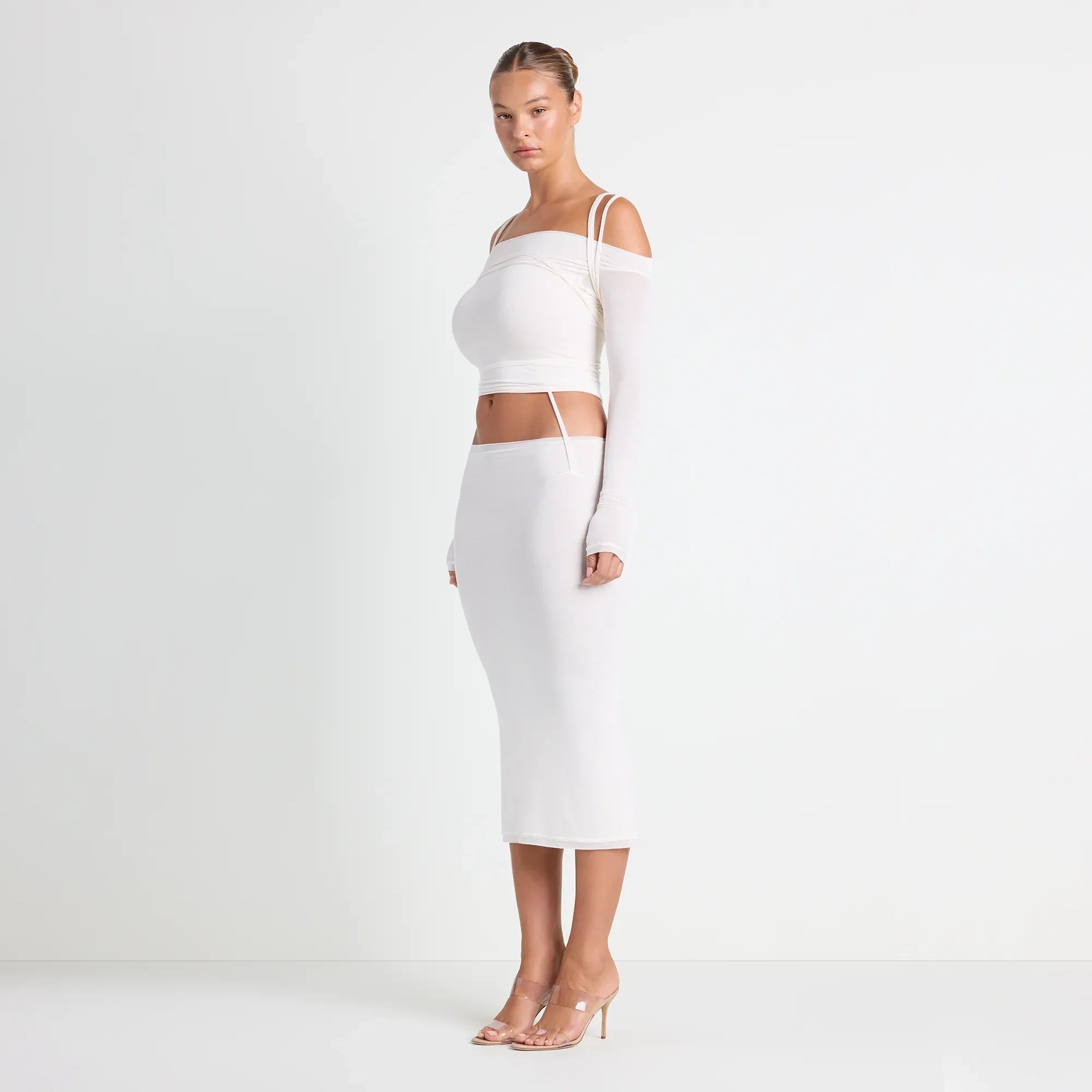 VETTESE X SKIMS SHEER MODAL MIDI SKIRT | ECRU ON A MODEL SIDE VIEW | FOCUS: 0.0, 1.0, 0.9