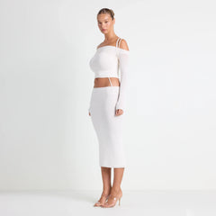 VETTESE X SKIMS SHEER MODAL MIDI SKIRT | ECRU ON A MODEL SIDE VIEW | FOCUS: 0.0, 1.0, 0.9