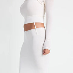 VETTESE X SKIMS SHEER MODAL MIDI SKIRT | ECRU ON A MODEL SIDE VIEW | FOCUS: 0.0, 1.0, 0.9