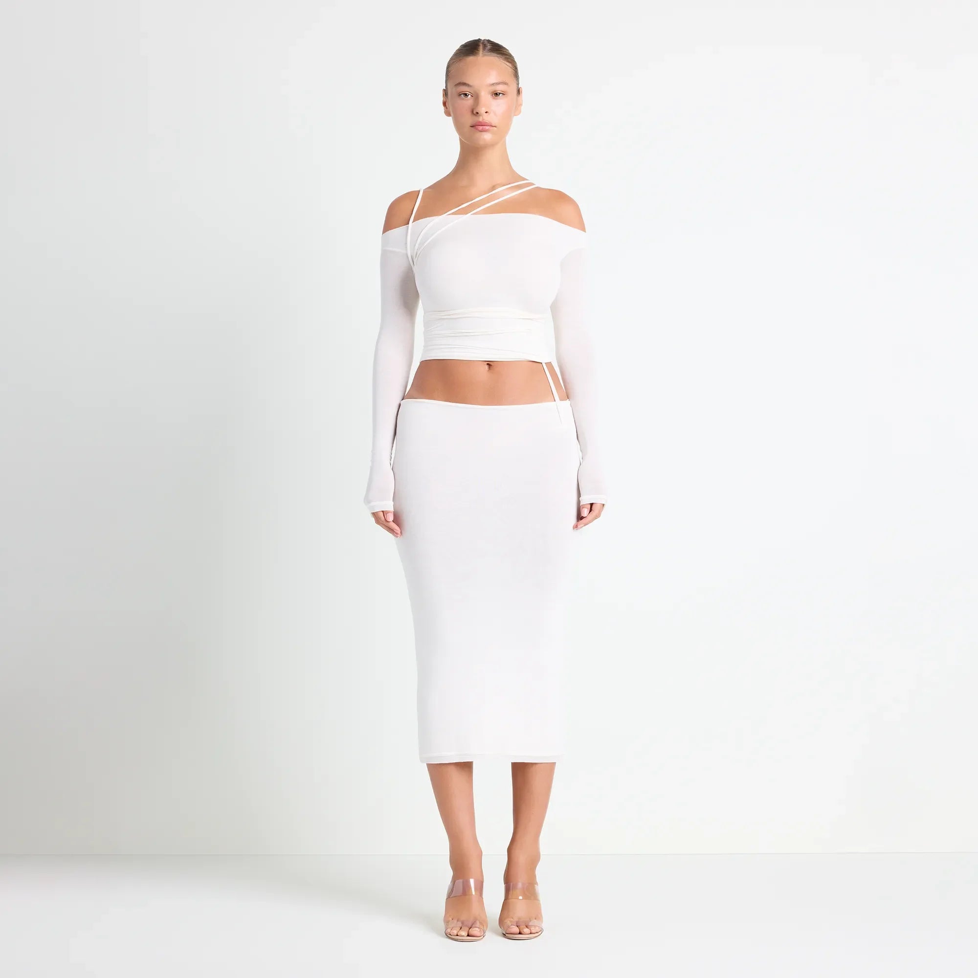 VETTESE X SKIMS SHEER MODAL MIDI SKIRT | ECRU ON A MODEL FRONT VIEW | FOCUS: 0.0, 1.0, 0.9