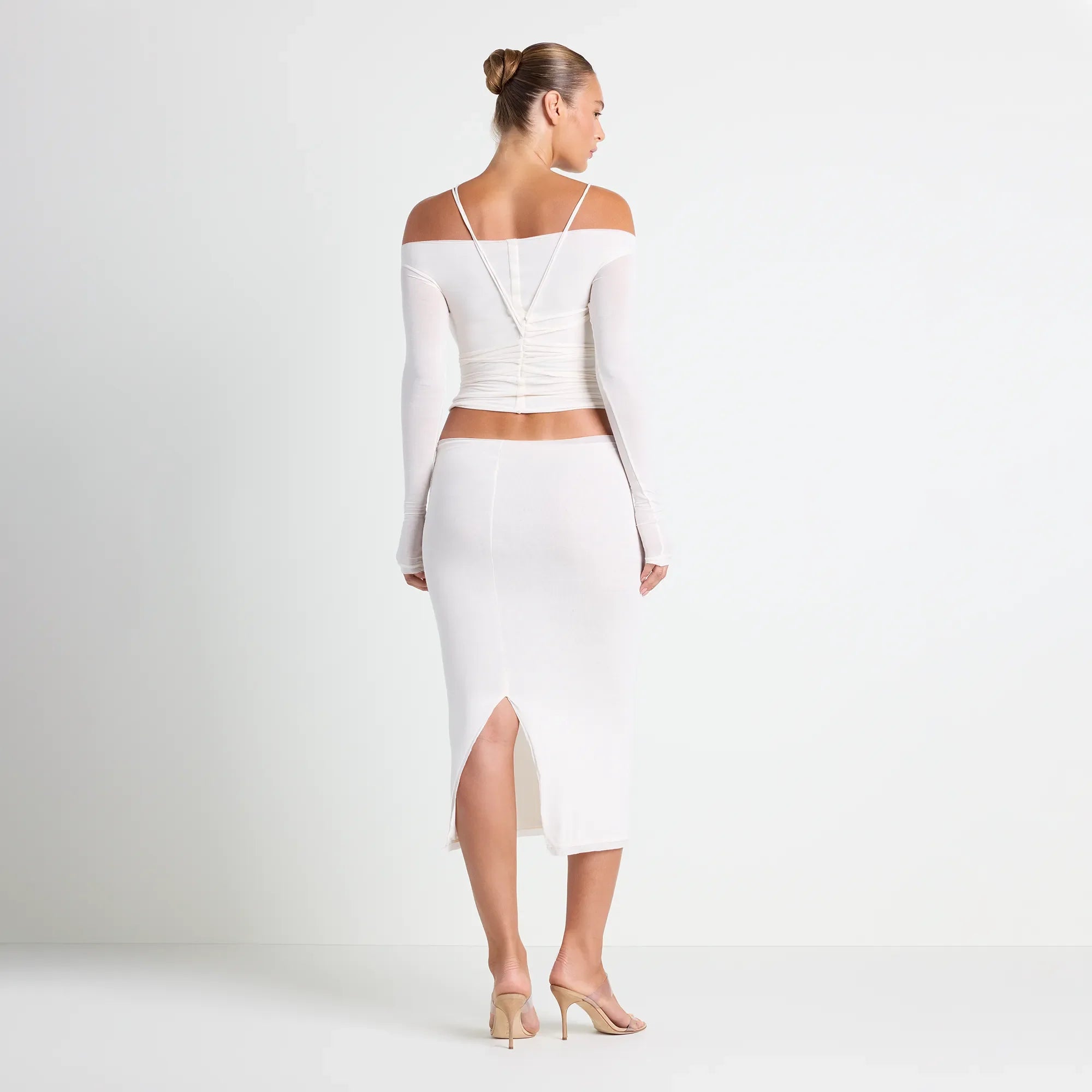 VETTESE X SKIMS SHEER MODAL MIDI SKIRT | ECRU ON A MODEL BACK VIEW | FOCUS: 0.0, 1.0, 0.9