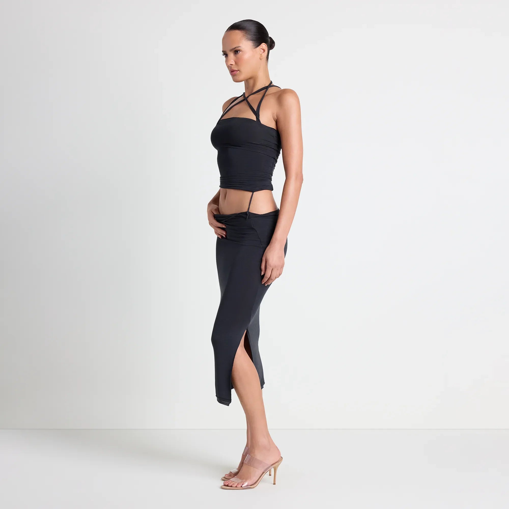 VETTESE X SKIMS SHEER MODAL MIDI SKIRT | ONYX ON A MODEL SIDE VIEW | FOCUS: 0.0, 1.0, 0.9