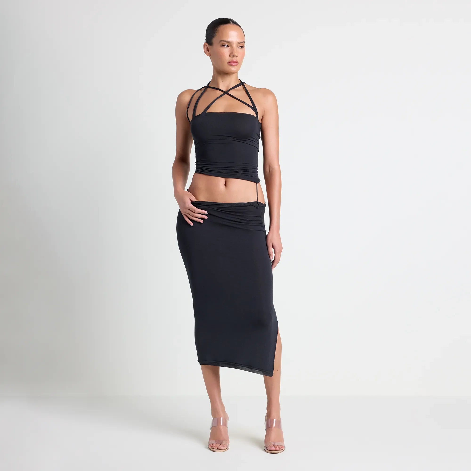 VETTESE X SKIMS SHEER MODAL MIDI SKIRT | ONYX ON A MODEL FRONT VIEW | FOCUS: 0.0, 1.0, 0.9