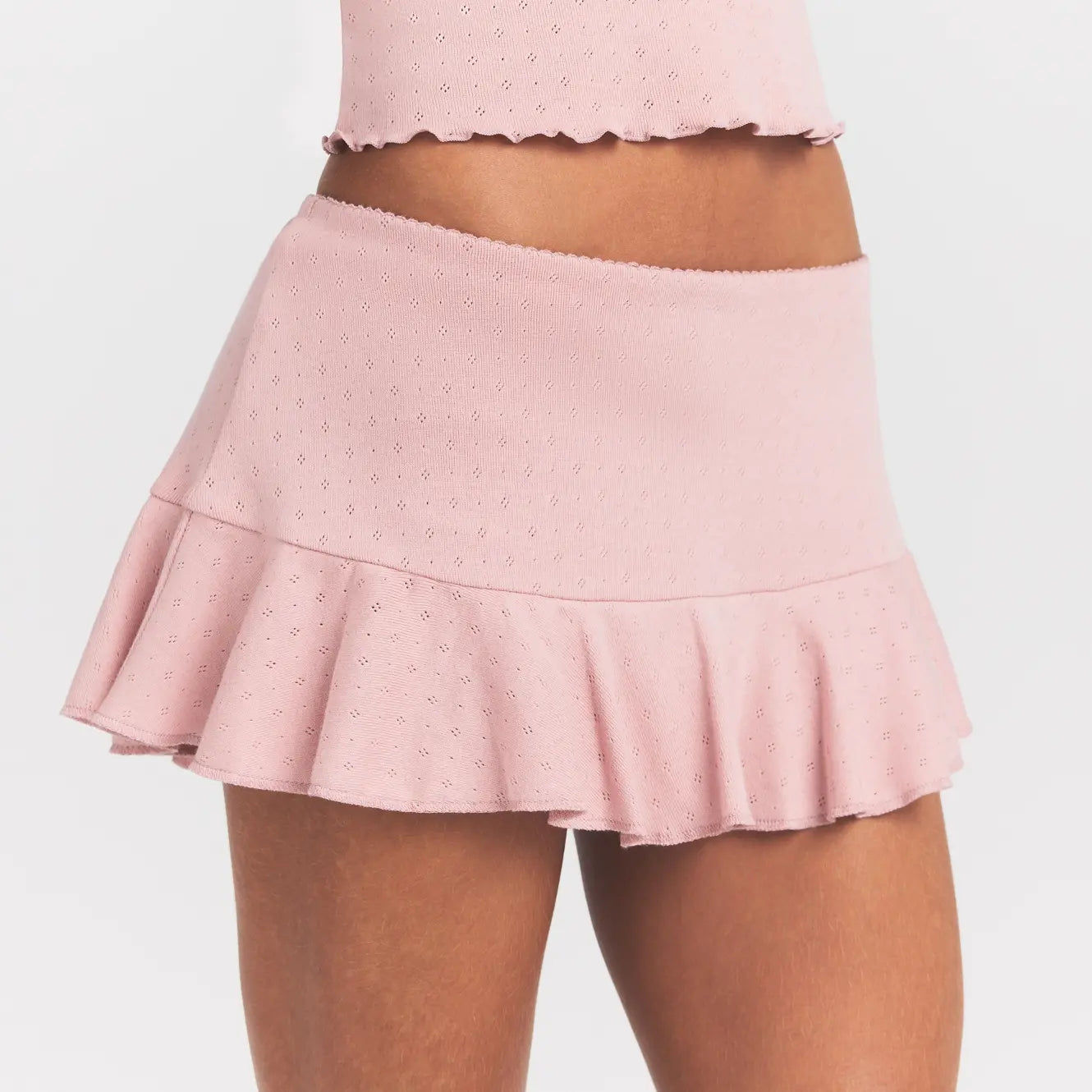 HEAVY POINTELLE MINI SKORT | MORGANITE ON A MODEL SIDE VIEW @ | FOCUS: 0.0, 1.0, 0.9
