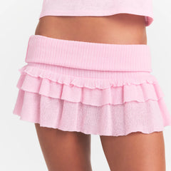 SHEER KNIT RUFFLE MINI SKIRT | PEONY ON A MODEL FRONT VIEW @ | FOCUS: 0.0, 1.0, 0.9