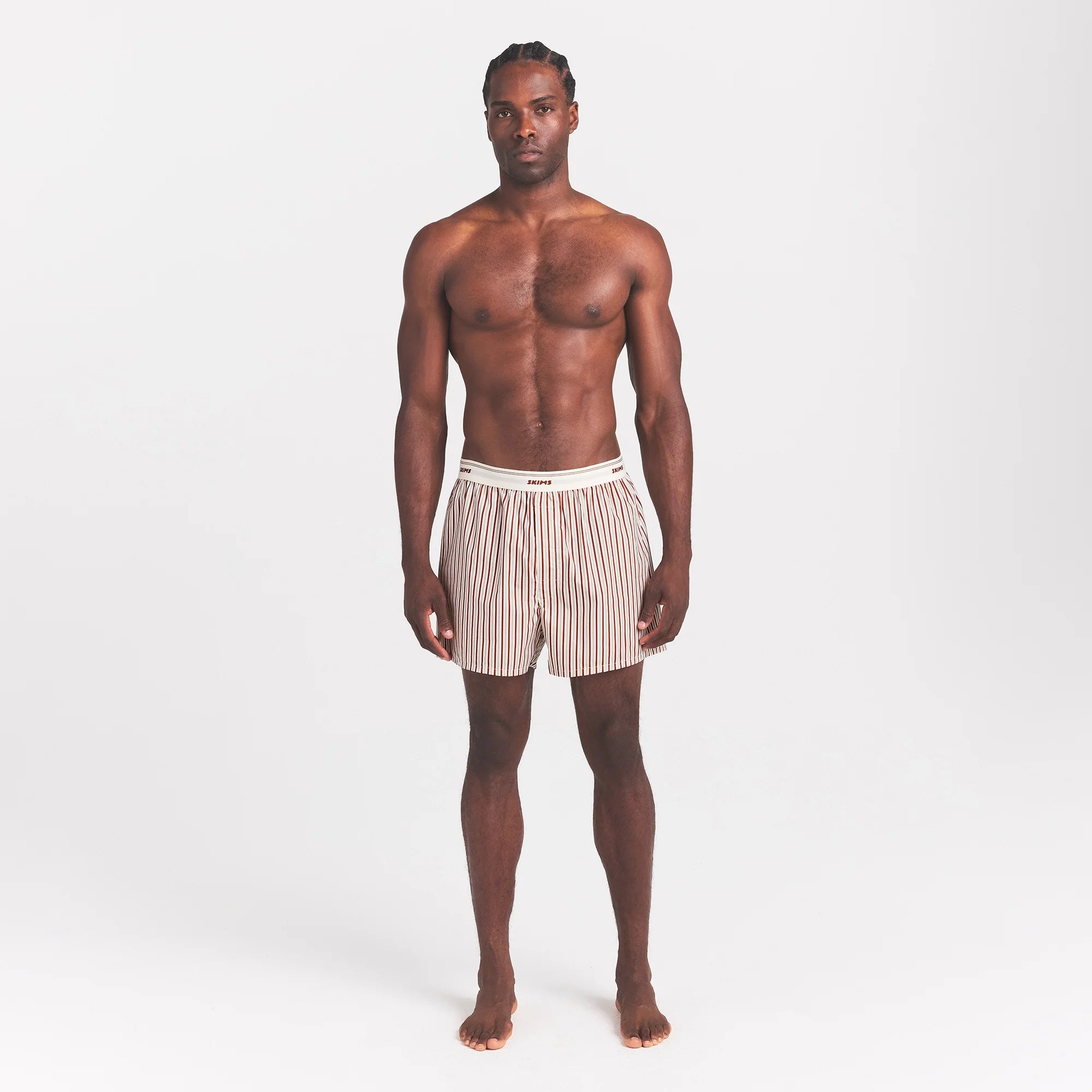 COTTON POPLIN MENS LOGO BAND BOXER | CINNAMON STONE STRIPE ON A MODEL FRONT VIEW @ | FOCUS: 0.0, 1.0, 0.9
