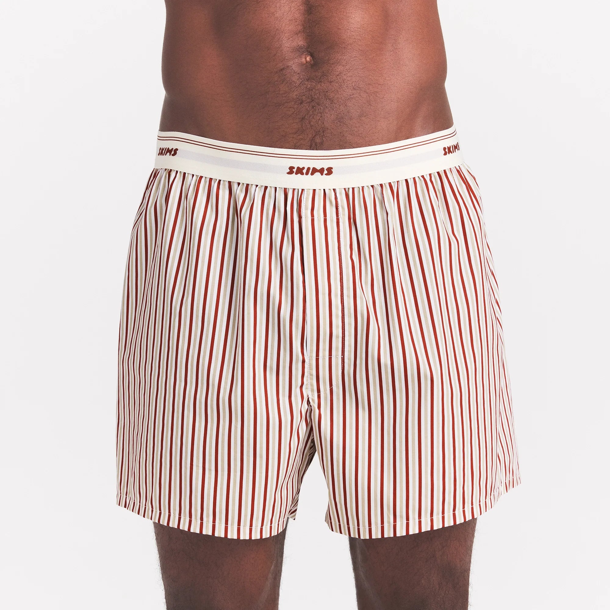 COTTON POPLIN MENS LOGO BAND BOXER | CINNAMON STONE STRIPE ON A MODEL FRONT VIEW @ | FOCUS: 0.0, 1.0, 0.9