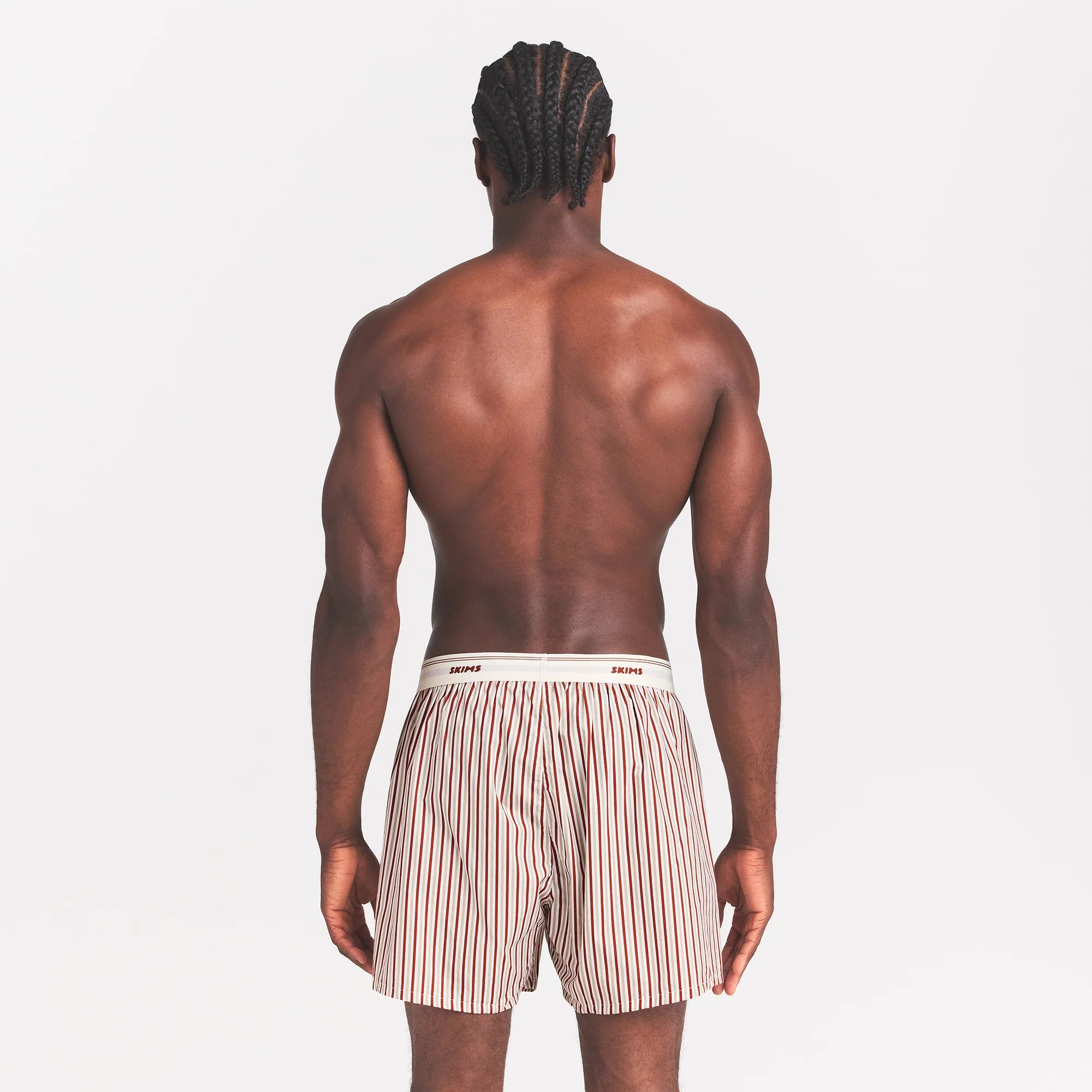 COTTON POPLIN MENS LOGO BAND BOXER | CINNAMON STONE STRIPE ON A MODEL BACK VIEW @ | FOCUS: 0.0, 1.0, 0.9