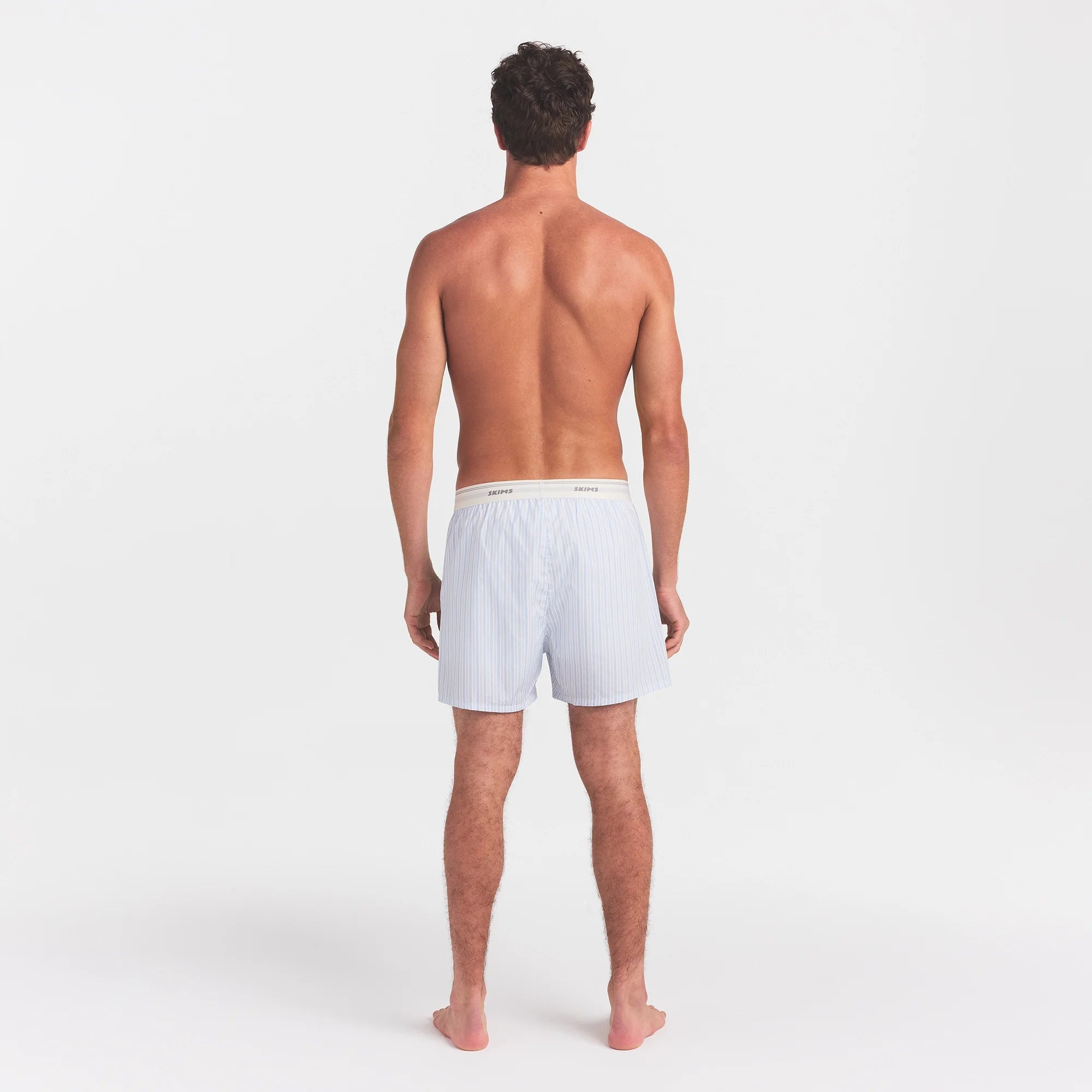 COTTON POPLIN MENS LOGO BAND BOXER | PLATINUM DOUBLE STRIPE ON A MODEL BACK VIEW @ | FOCUS: 0.0, 1.0, 0.9