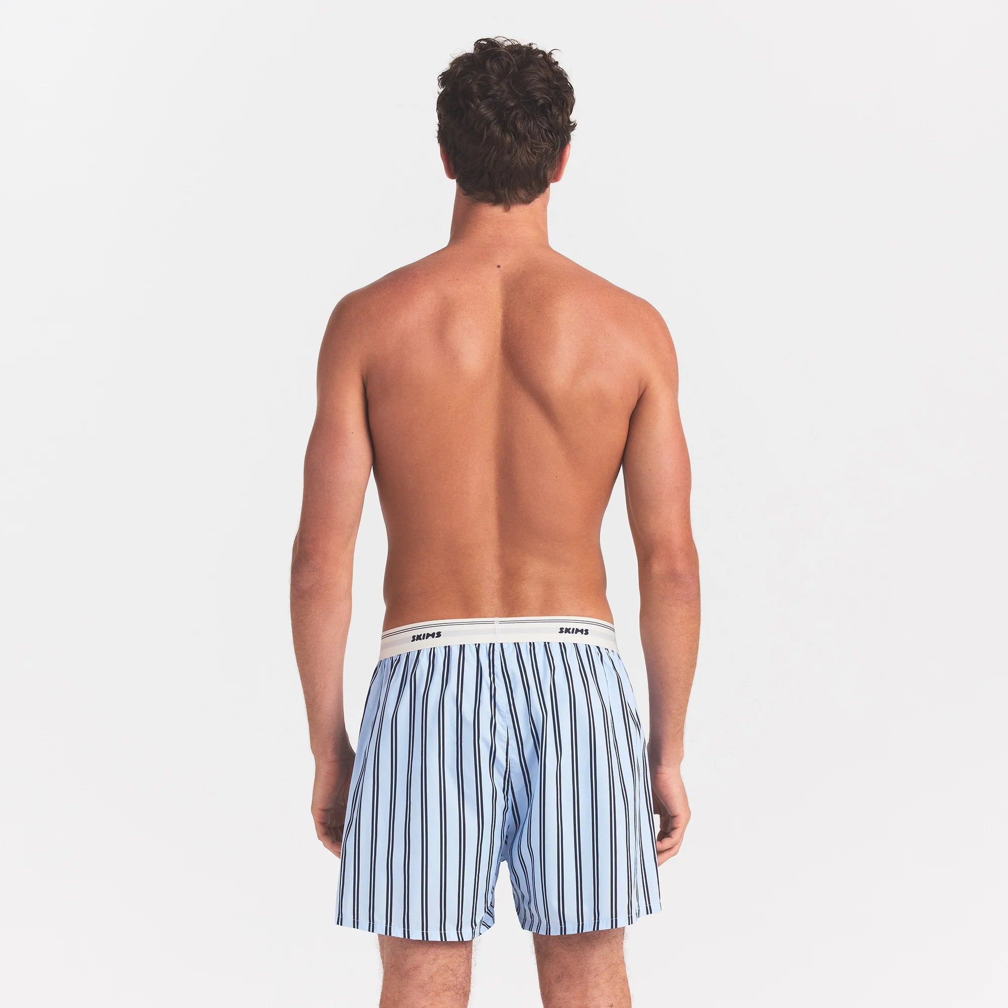 COTTON POPLIN MENS LOGO BAND BOXER | PERIWINKLE STRIPE ON A MODEL BACK VIEW @ | FOCUS: 0.0, 1.0, 0.9