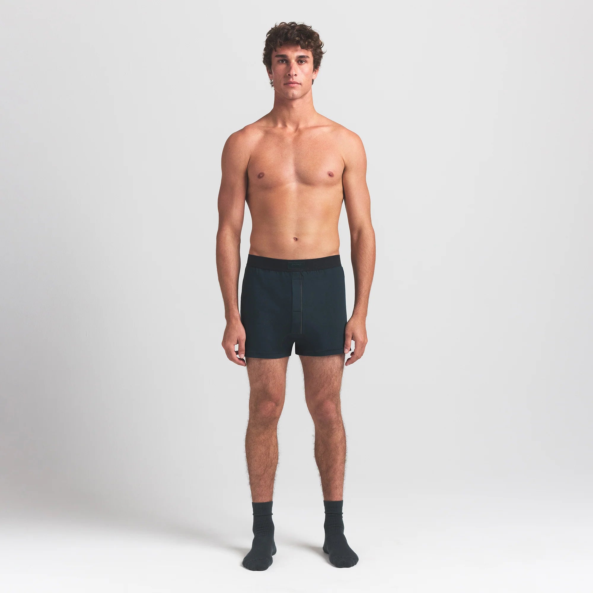 SKIMS COTTON MENS KNIT BOXER 3-PACK | VERDANT MULTI ON A MODEL FRONT VIEW @ | FOCUS: 0.0, 1.0, 0.9