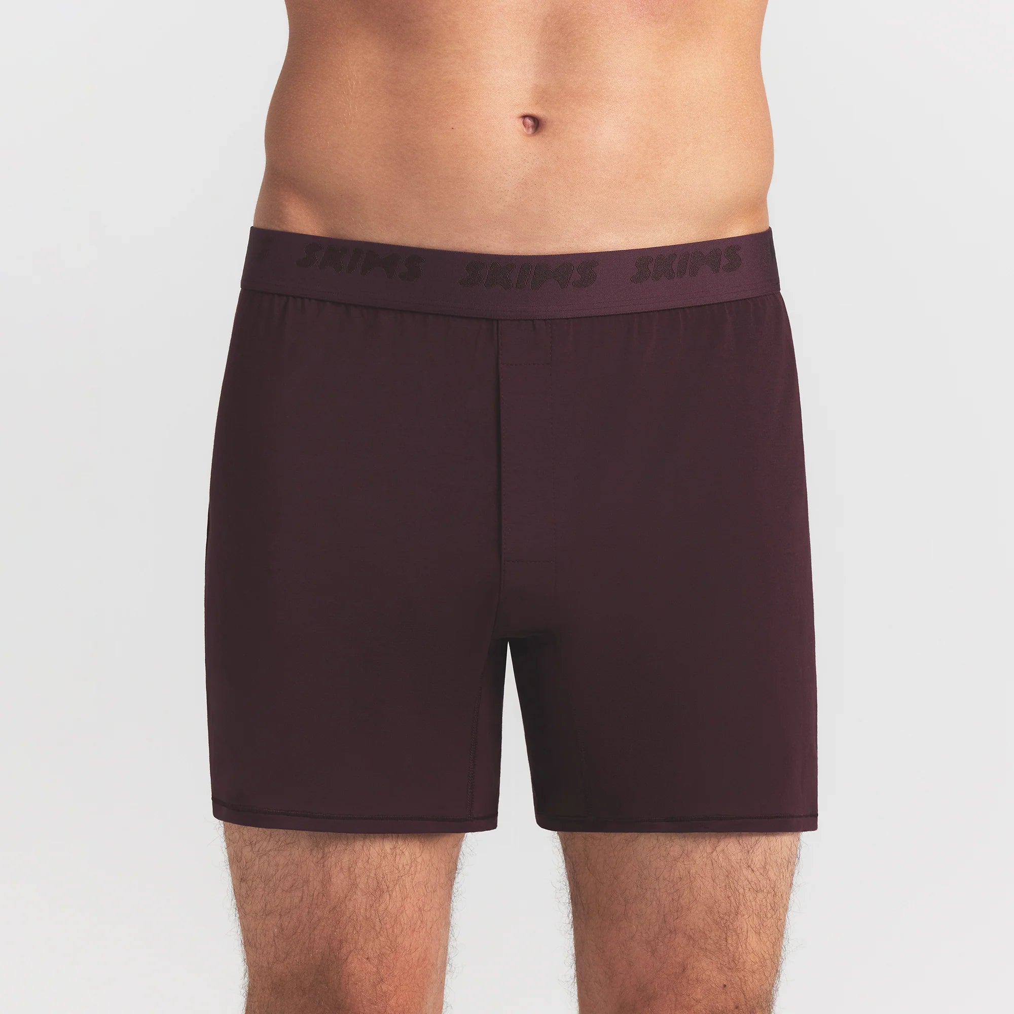 SKIMS STRETCH MENS KNIT BOXER 3-PACK | RAVEN MULTI ON A MODEL FRONT VIEW @ | FOCUS: 0.0, 1.0, 0.9