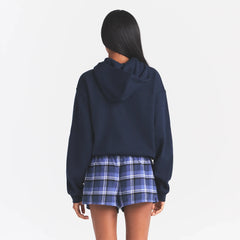FLANNEL SLEEP CHEEKY BOXER | INDIGO OUTDOOR PLAID ON A MODEL | FOCUS: 0.0, 1.0, 0.9