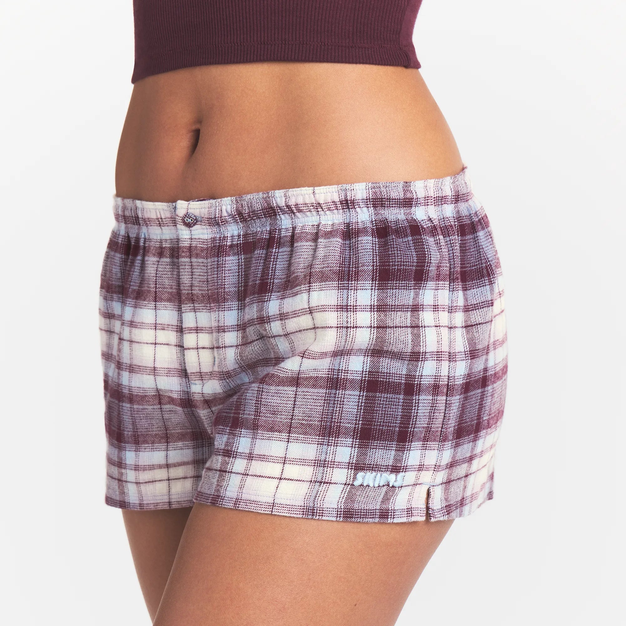 FLANNEL SLEEP CHEEKY BOXER | IRIS MICA PLAID ON A MODEL | FOCUS: 0.0, 1.0, 0.9