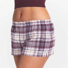 FLANNEL SLEEP CHEEKY BOXER | IRIS MICA PLAID ON A MODEL | FOCUS: 0.0, 1.0, 0.9