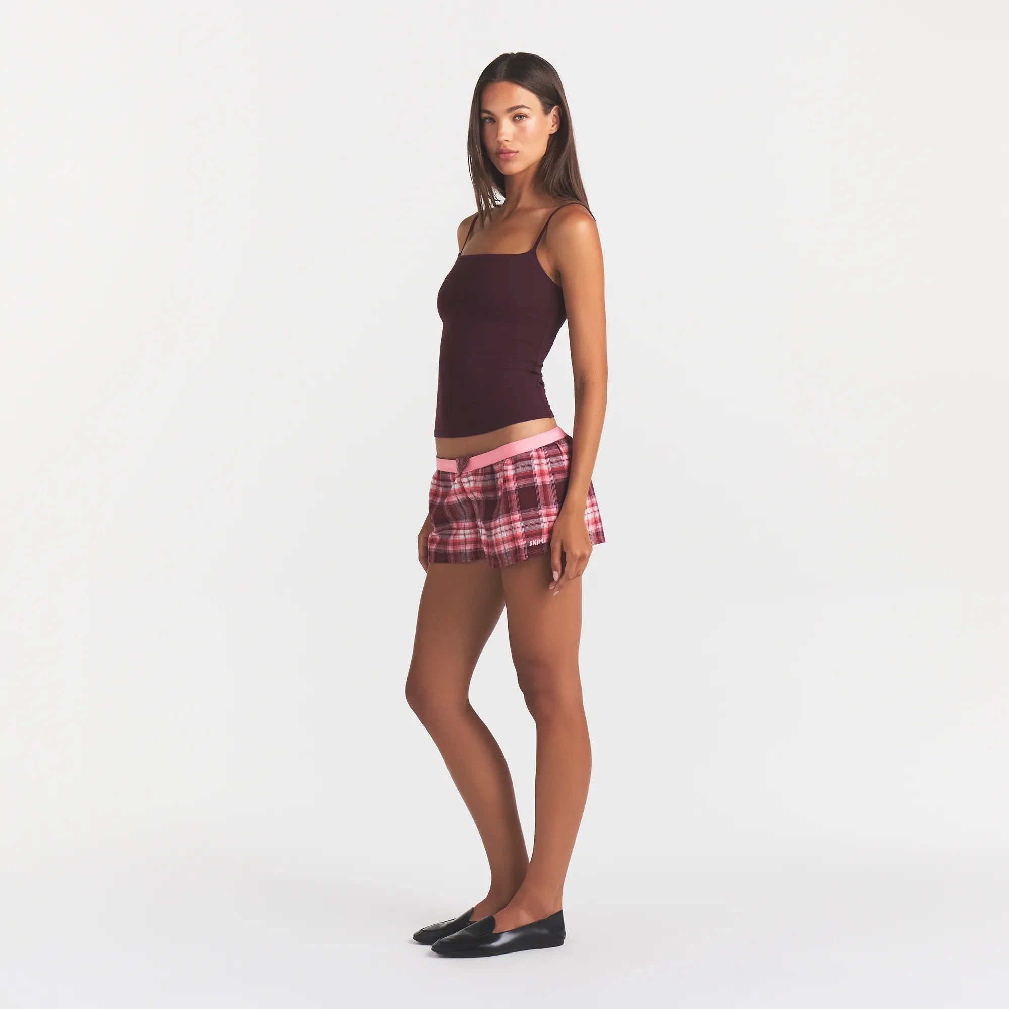 FLANNEL SLEEP CHEEKY BOXER | ULTRA PINK SANGRIA PLAID ON A MODEL | FOCUS: 0.0, 1.0, 0.9
